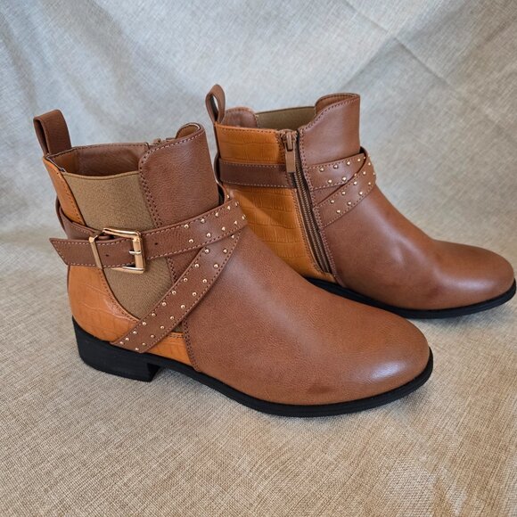 Women's Brown Vegan Leather Boots with Straps & Buckle, Size 8 - Picture 2 of 6